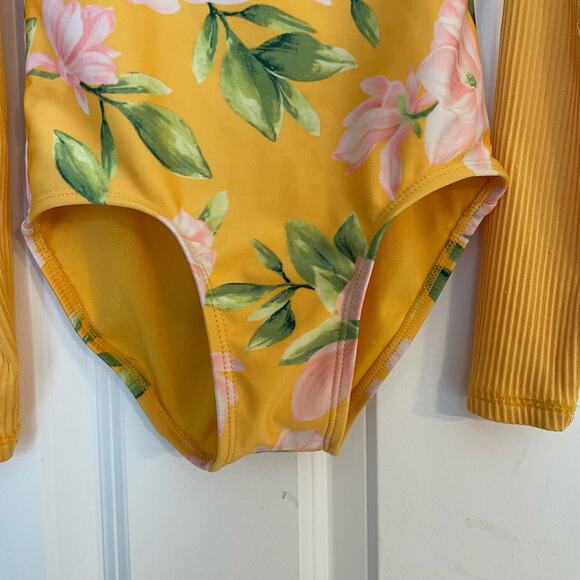 Art Class Floral Print Yellow Backzip Swimsuit/Rashguard - Picture 4 of 5